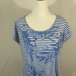 Chicos Top Womens XL 3 Blue Tropical Stripe Short Cap Sleeve Rayon Blend Blouse